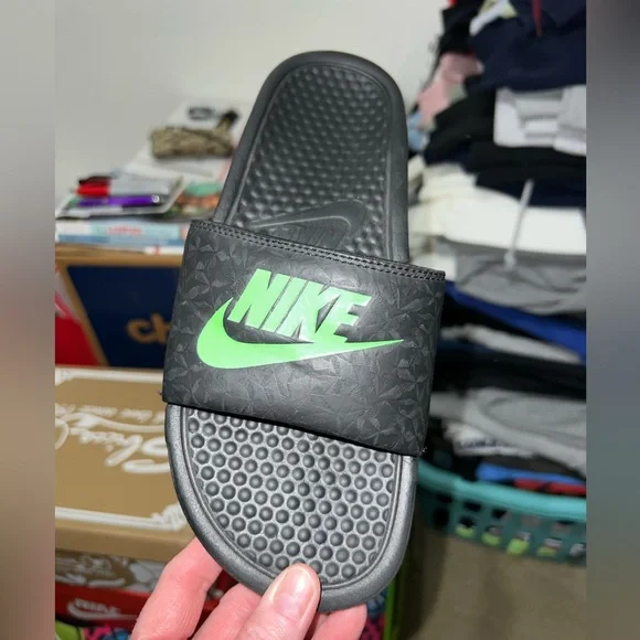 Nike Black and Green Slides with Orange Just Do It Slides - Picture 6 of 12